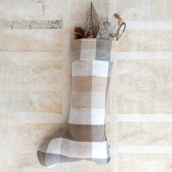 Creative Co-Op Brushed Plaid Beige & Taupe Flannel Stocking/NWT - Picture 1 of 10
